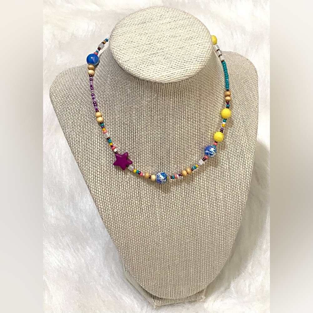 Purple Star Multi-Color Beaded Necklace Boho Y2K Summer Beach Preppy Eclectic - Picture 2 of 7